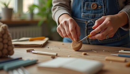 Fototapeta premium Person engaged in a DIY project at home, with crafting materials and tools spread out on the table. Captured with a standard lens in soft indoor light, highlighting a cozy and artistic atmosphere.