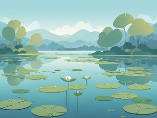 A tranquil lake adorned with lily pads and bordered by lush greenery and distant mountains