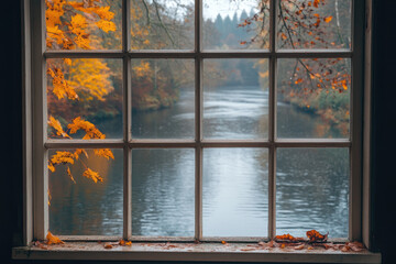 Calm River with Autumn Leaves Viewed from Riverside Cabin