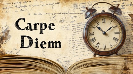 Digital illustration of the text "Carpe Diem" in a classic, bold serif font with a backdrop of an open book and antique clock elements. The design is timeless and inspirational, ideal for academic