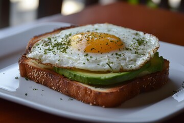 A delicious toast with avocado and a fried egg served on a square plate