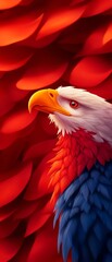 Fototapeta premium A majestic eagle with vibrant feathers and intense gaze, set against a dramatic red background, symbolizing power and freedom.