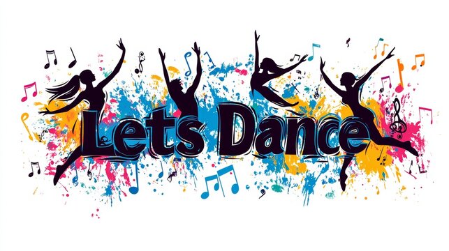 Digital illustration of the text "Lets Dance" in dynamic, flowing fonts with silhouettes of dancers and musical notes swirling around. The design is lively and rhythmic, ideal for dance studios or