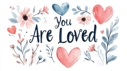 Digital illustration of the text "You Are Loved" in soft, heartfelt script with gentle watercolor hearts and flowers adorning the background. The design is warm and affectionate, perfect for nursery