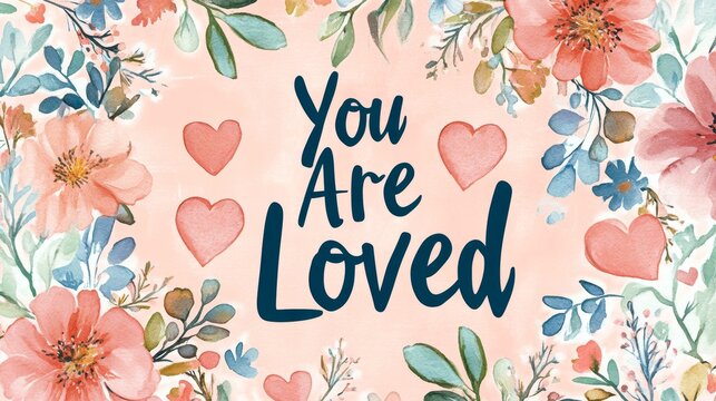 Digital illustration of the text "You Are Loved" in soft, heartfelt script with gentle watercolor hearts and flowers adorning the background. The design is warm and affectionate, perfect for nursery