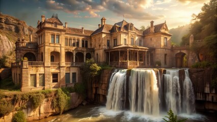 Fototapeta premium An Enchanting Stone Mansion Cascading Over a Waterfall