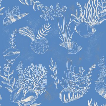 Elegant oceane blue toile Fabric,  undersea patterns
