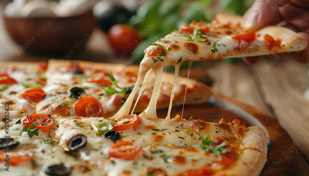 Poster taking piece of tasty pizza at wooden table, closeup