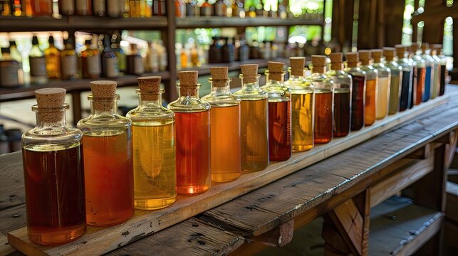 A row of bottles of different colored liquids on a wooden table
