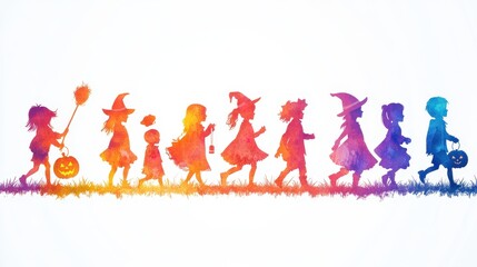 Fototapeta premium Black shadow of Children dressed in Halloween fancy dress on hallloween background,go Trick or Treating Halloween night,Jack O Lantern,october banner,horror spooky season,Illustration for holiday.
