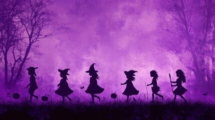 Fototapeta premium Black shadow of Children dressed in Halloween fancy dress on hallloween background,go Trick or Treating Halloween night,Jack O Lantern,october banner,horror spooky season,Illustration for holiday.