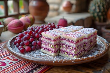 Exquisite Turkish Delight with Red Grapes on Traditional Ottoman Platter - Ideal for Culinary Arts and Cultural Imagery