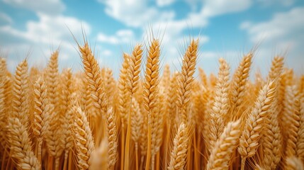 Abstract Background with Golden Wheat Against Blue Sky with Clouds - Rich Harvest Concept, Close-Up View

