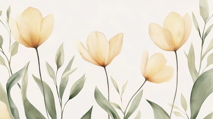 Fototapeta premium A serene illustration of yellow flowers and green leaves, evoking calmness and nature.