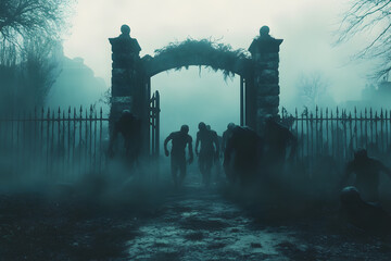 Zombies Breaking Through a Cemetery Gate isolated on white background
