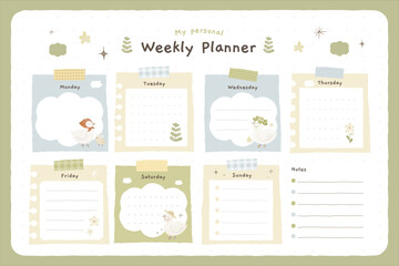 Simple Cute Duck Hand Drawn Weekly Planner in Watercolor Style