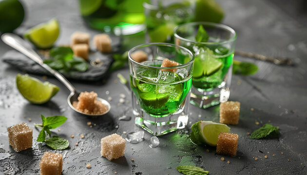 Absinthe in shot glasses with ice cubes, lime, brown sugar and spoon on gray table, closeup. Alcoholic drink