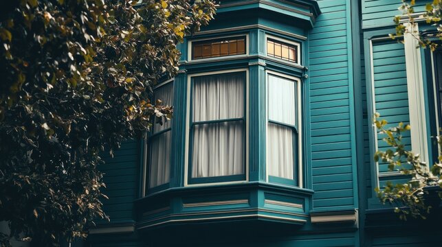 Bay window with white curtains on a teal house.