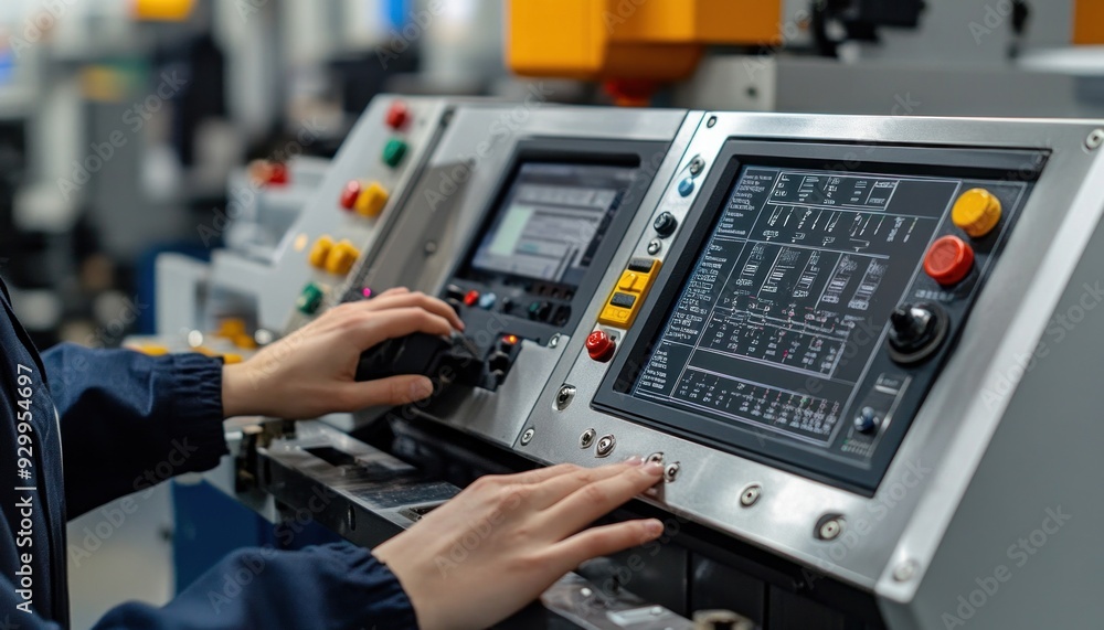 Aufkleber a person is diligently working on a complex machine located within a factory environment