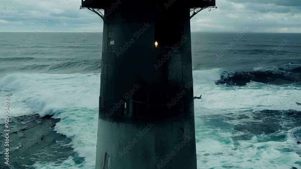 Poster lighthouse is standing on the coast while big waves are crashing around it. the concept of the image