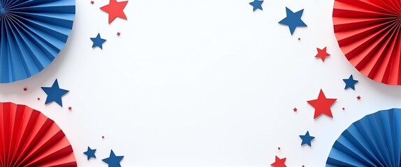 Fototapeta premium 3D red and blue paper fans with stars, patriotic theme, ideal for 4th of July, President's Day, Independence Day, perfect copy space for invites, banners.