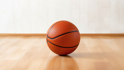Obraz premium A vibrant orange basketball resting on a polished wooden floor, perfect for sports-related themes and athletic activities.