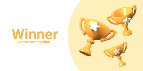 Gold bowls for winner. Vintage cups with two handles on white background