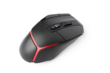 Black wireless computer mouse illuminated red on white background.