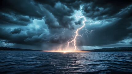 a large body of water with lightning coming out of it