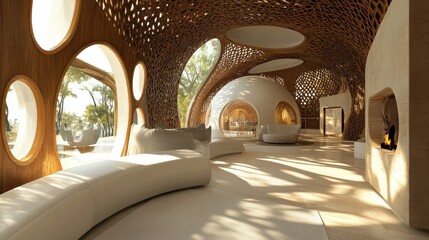 Modern living room with wooden lattice ceiling, white curved sofa, and fireplace.
