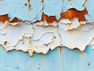 Blue and white paint peels off the rusty metal surface. Generative AI