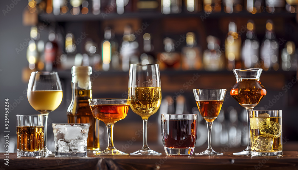 Wall mural assortment of hard strong alcoholic drinks and spirits in glasses on bar counter