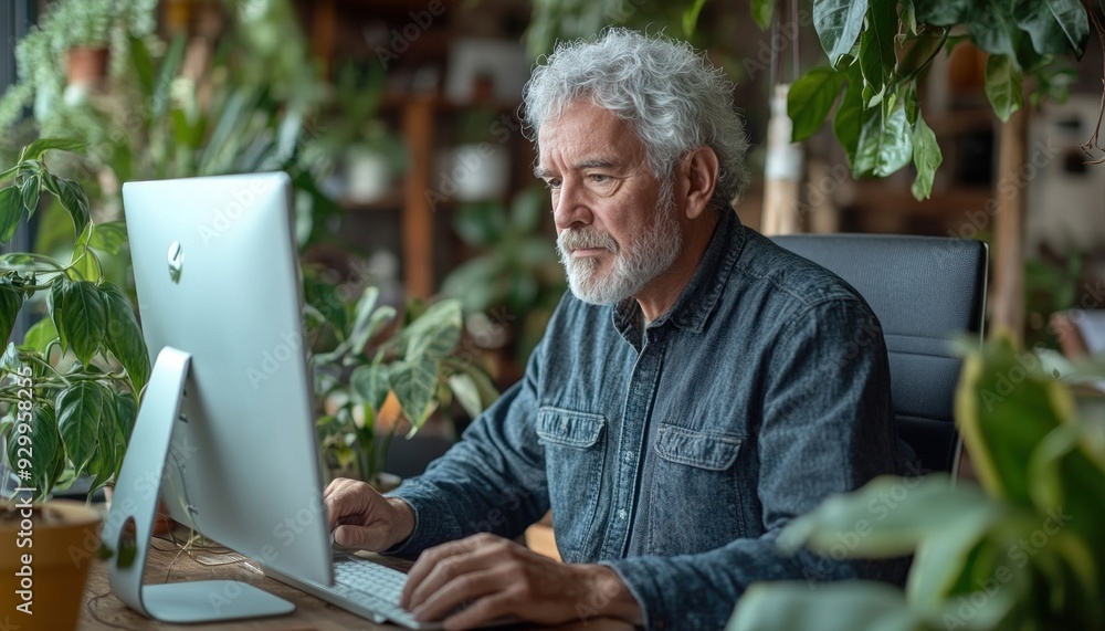 Poster an older man is seated comfortably at a desk, diligently using a computer for various tasks