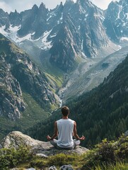 Fototapeta premium A sportsman practicing yoga in the mountains, capturing tranquility and focus (focus on, mountain yoga theme, ethereal, overlay, mountain backdrop)