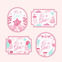 Pink Baby Girl Sticker Gender Reveal in Watercolor Style