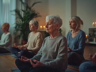 A group of older women are sitting in a circle and meditating