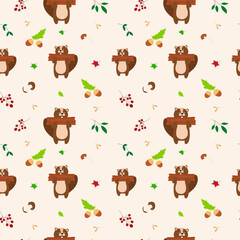 Seamless forest pattern with cute forest animals - illustrations of fox, deer, hedgehog, squirrel, bear. Acorns, cones, twigs, leaves, forest mushrooms. Autumn. Golden autumn. Hand drawn, doodle style