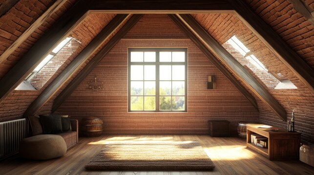 Sunlit attic with wooden beams and brick walls with a large window overlooking a forest and a rustic rug.