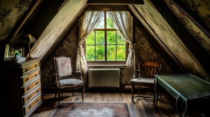 Fototapeta premium A sunlit attic room with a window looking out to green trees and a rug on the wooden floor.