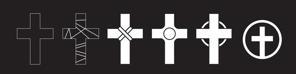 Set of Christian white Cross isolated on black. Abstract vector bible cross icons isolated. Vector illustration. Collection white Christian Crosses
