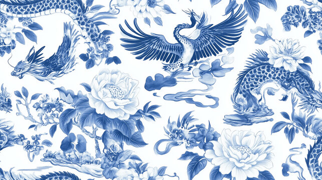 Elegant Blue and White Porcelain Style Pattern with Tigers, Dragons, Cranes and Lotus Flowers
