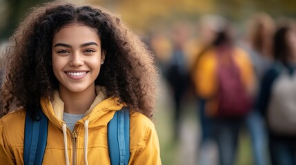 Happy African American Student with Backpack and Scarf Smiling on Campus