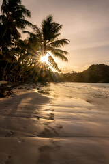 Obraz premium Scenic Anse Volbert beach at sunset in Praslin island, Seychelles