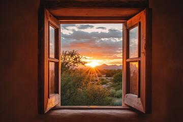 Warmth of the Desert Capturing Sunset Through an Adobe Window