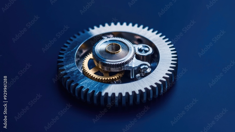 Poster a mechanical gear, isolated on a deep blue background, representing the complexity and detail of ind