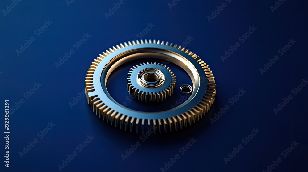 Poster a mechanical gear, isolated on a deep blue background, representing the complexity and detail of ind