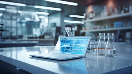 Fototapeta premium Close-up shot of computer laptop in laboratory, white modern laboratory.
