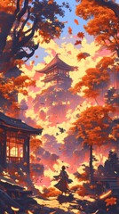 Fototapeta premium Enchanting Japanese Fantasy Landscape: Anime-Style Digital Art featuring Ancient Architecture and Cultural Elements. Perfect for UI Design, Web Marketing, Greeting Cards, and 4K Wallpapers. Cinematic 