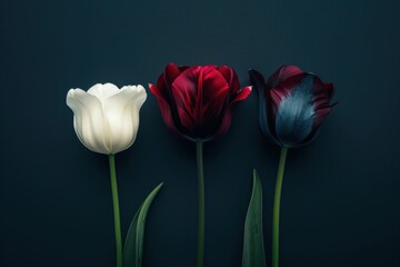 Obraz premium Three elegant tulips in contrasting colors against a dark background