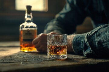 Glass of brandy next to a bottle and a hungover man. Alchocolism concept. Ai generative